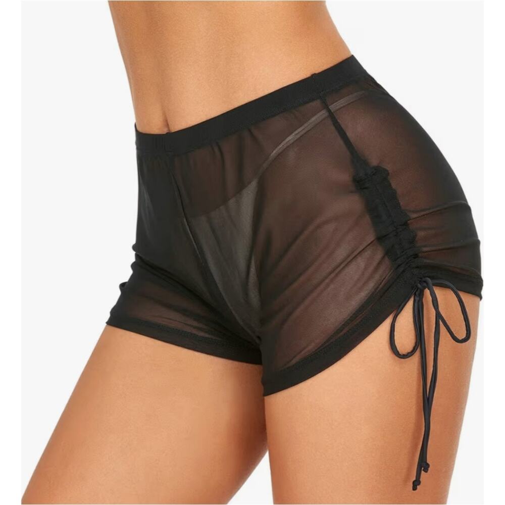 Sexy sheer black stretch mesh drawstring bikini coverup shorts sz S